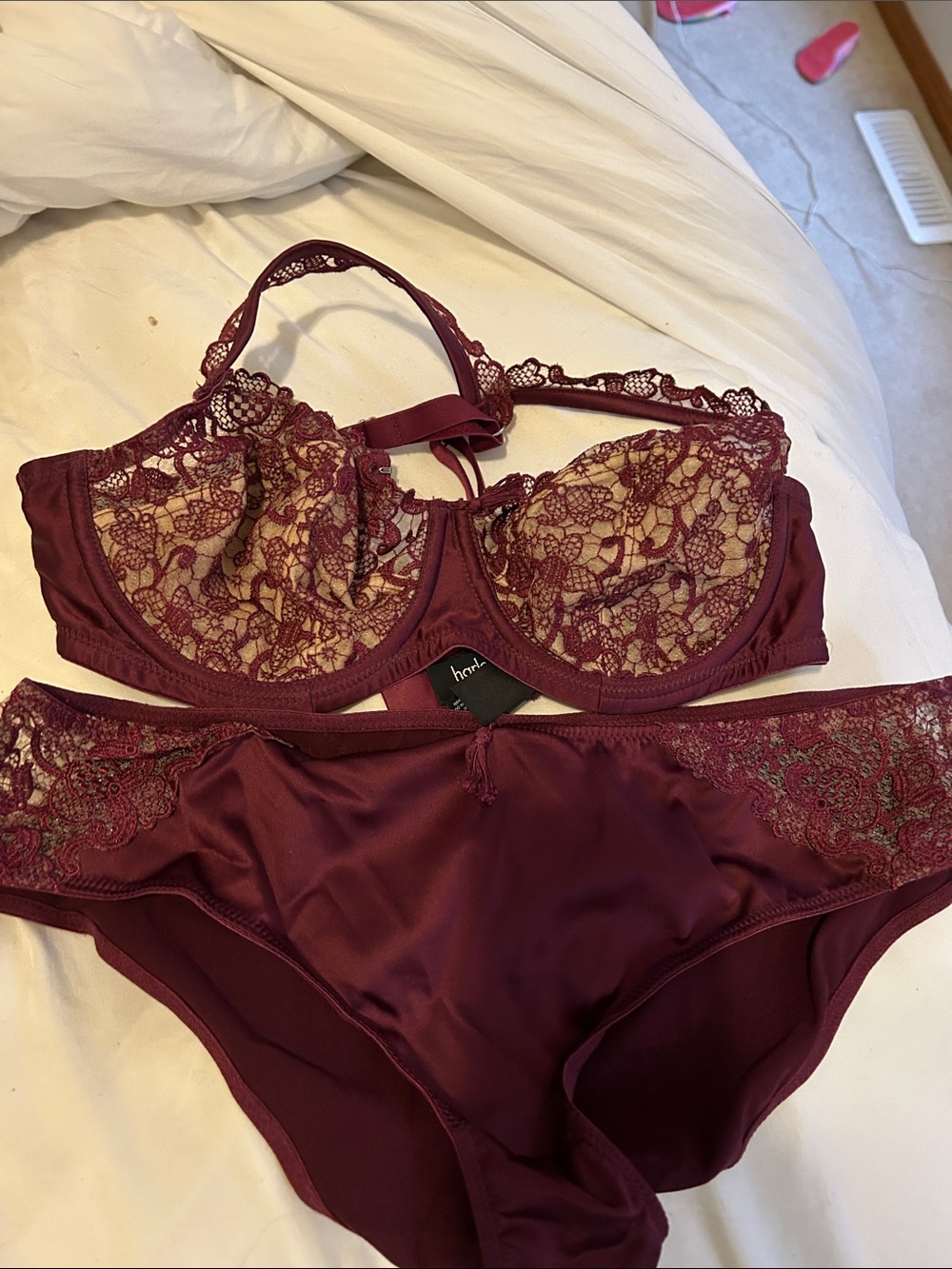 Lace-Accent Underwire Bra & Bikini Set in Wine